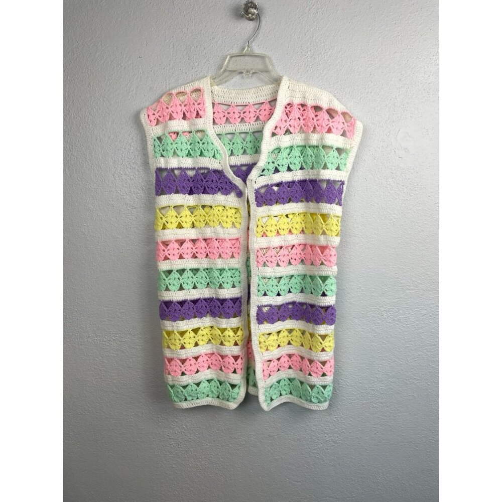 Vintage Handmade Crochet Granny Pastel Spring Open Front Sleeveless Cardigan